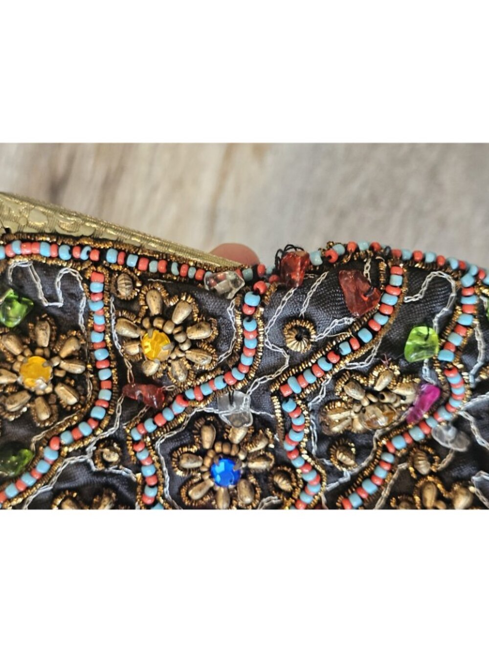 VTG‎ Black Beaded Evening Bag Clutch Floral India - Picture 11 of 13